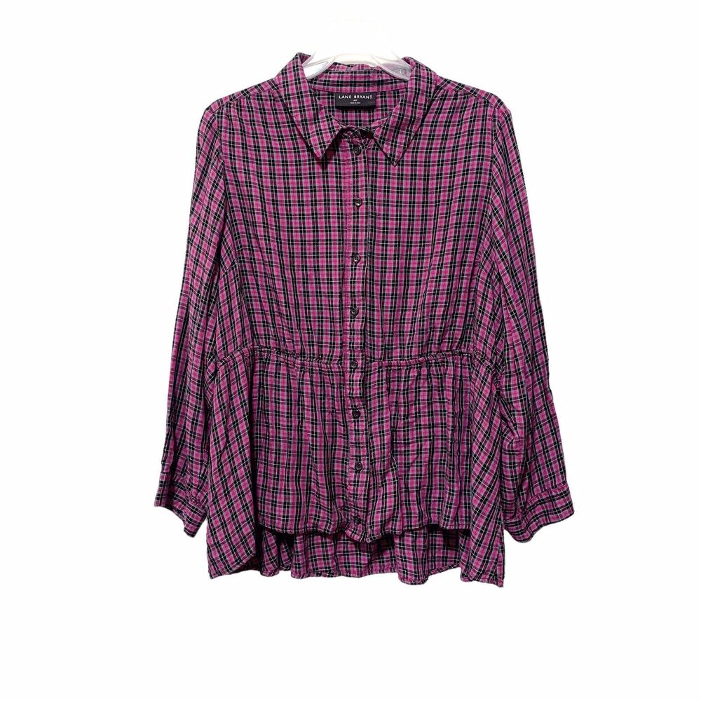 LANE BRYANT Size 20 Pink Purple Plaid Babydoll Button Front Long Sleeve Top